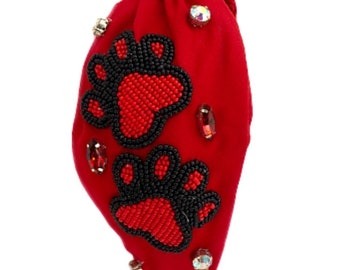 Luxury Beaded Gameday Headbands- Red and Black with Paw Prints, Woof, and Rhinestones