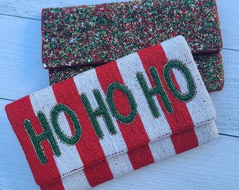 Borsa a tracolla di lusso con perline - Paillettes rosse e verdi natalizie o strisce di bastoncini di zucchero Ho Ho Ho