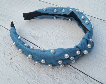 Gorgeous Pearl Studded Headband- Light Denim and Dark Denim  display picture 1