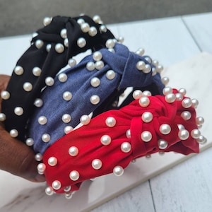 Gorgeous Pearl Studded GameDay Headbands - Orange/Denim/Black/Red/Pink/Yellow/Beige/Green/Blue