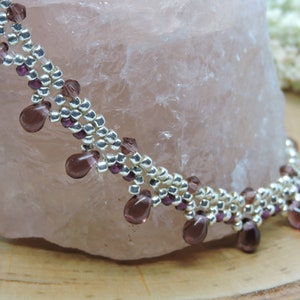 Sparkling Silvery Beaded Ankle Bracelet with Amethyst Colored Glass Beads - Boho Style Jewelry; unique gift for a girlfriend