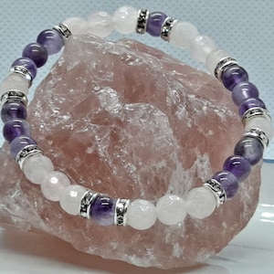 Rose quartz, Amethyst and rhinestone bracelet, 6mm gemstone bracelet, faceted rose quartz  bracelet, amethyst bracelet, sparkle bracelet