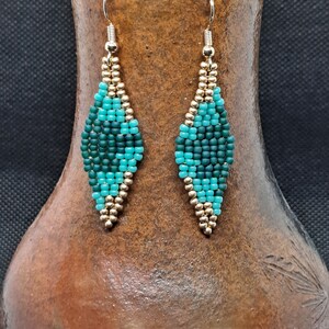 Stylish Small Geometric Design Green and Gold Beaded Earrings - Handcrafted Jewelry
