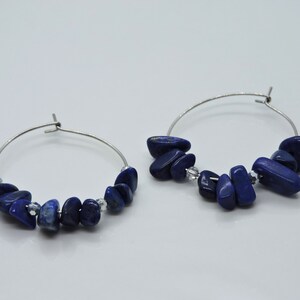 Lapis Gemstone Silver Stainless Steel Hoop Earrings with Silver Crystal Beads - Elegant Statement Jewelry