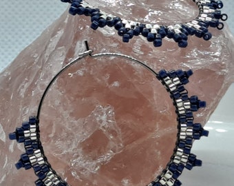 Blue Silver Beaded Hoop Earrings, Miyuki Delica Beads, Nickel Free