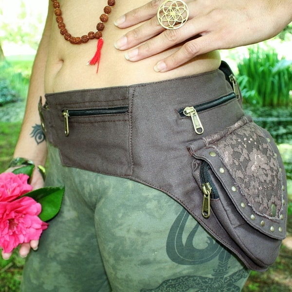 FESTIVAL Utility Belt - BROWN LACE - Boho Pocket Belt, Hippy Fanny Pack, Psy Belt, Hippie Bag, Festival Belt, Psytrance Belt, Travel Belt