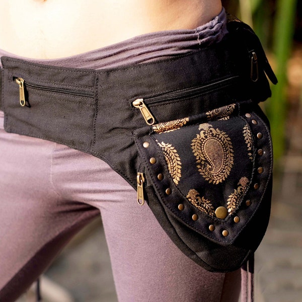 FESTIVAL Utility Belt - GOLD LEAVES - Vegan Belt, Hippy Fanny Pack, Psy Belt, Hippie Bag, Festival Belt, Psytrance Belt, Travel Belt