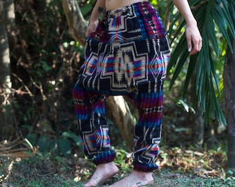 Harem Pants - AZTEC - Unisex Ali Baba Trousers, Fisherman Pants, Psytrance Pants, Winter Harem Pants, Boho Baggy Trousers, Hippie Yoga Pants