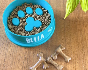 personalised Slow feeder dog bowl to slow down eating paw print dog bowl