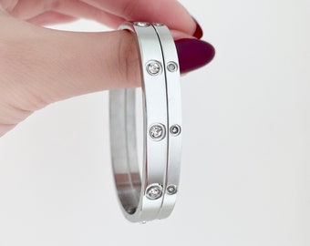 Armband SILBER 4MM / 6MM mit Steinen. Edelstahl Schmuck Armreif für Damen. Geschenk, Stapeln, Statement wasserfest anlaufgeschützt