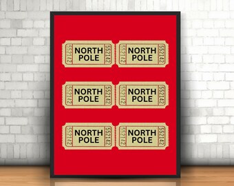 North Pole Ticket Print, North Pole Ticket Printable, Christmas Wall Art, Red Christmas Decor, Trendy Christmas Print, Christmas Holiday Art