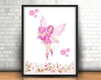 Fairy Nursery Art, Fairy Print, Fairy Nursery Wall Art, Girl Room Decor, Girl Nursery Decor, Girl Room Printable Wall Art, Pink Fairy Tale