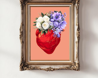 Floral Human Heart Art Print: Botanical Anatomical Illustration Poster (Digital Download)