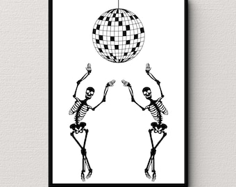 Impresión artística de Halloween con esqueletos bailando y bola de discoteca (descarga digital)