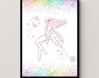 Stampa artistica per cameretta delle fate arcobaleno: decorazione per la cameretta delle bambine (download digitale)