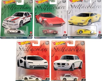 May include: Five Hot Wheels Spettacolare die-cast cars in individual boxes. The cars are a white Alfa Romeo 155, a red Lancia Stratos, a yellow Lamborghini Countach LP 5000 QV, a white Lamborghini Countach LPI 800-4, and a red Alfa Romeo Giulia Sprint GTA.