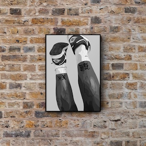 May include: Black and white illustration of a person's legs with tattoos, wearing black and white sneakers. The person's legs are raised in the air, with the sneakers pointing towards the ceiling.