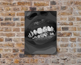 Gold Grills | Schwarzes Kunst Poster | Schwarzes Mädchen Wandkunst | Schwarz besessen Kunst | Schwarze Frau | Wohnkultur | Ästhetische | Afro Kunst | Physischer Druck