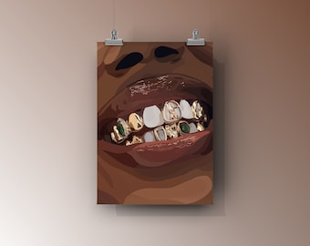Gold Grills | Schwarzes Kunst Poster | Schwarzes Mädchen Wandkunst | Schwarz besessen Kunst | Schwarze Frau | Wohnkultur | Ästhetische | Afro Kunst | Physischer Druck