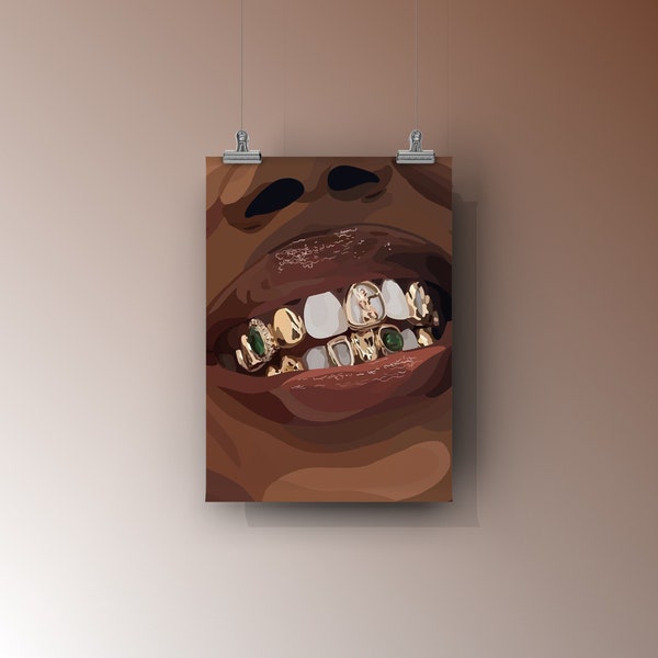 Gold Grills | Black Art Poster | Black Girl Wall Art | Black Owned Art | Black Woman | Home Decor | Aesthetic | Afro Art | Physical Print