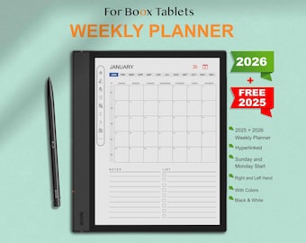 Puede incluir: Un planificador semanal en blanco y negro para tabletas Boox, que muestra el mes de enero de 2026. El planificador incluye hipervínculos, opciones de inicio el domingo y el lunes, uso de la mano derecha e izquierda, y opciones de color o blanco y negro.