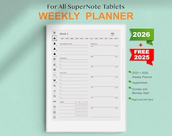 Puede incluir: Un planificador semanal para tabletas SuperNote, con un fondo blanco y texto negro e iconos. El planificador incluye secciones para prioridades, listas de tareas, hábitos y un horario. El planificador es para los años 2025 y 2026.