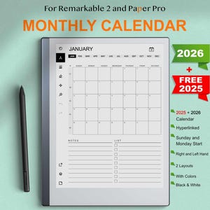 Modèles de calendrier mensuel pour Remarkable 2 | 2025-2026 | Lien hypertexte | Début dimanche-lundi | Droitier-Gaucher | Compatible avec Remarkable 1