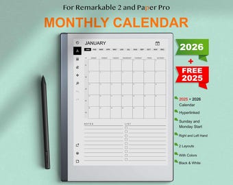 Monthly Calendar Templates for Remarkable 2 | 2025-2026 | Hyperlinked | Sunday-Monday Start | Right-Left Hand | Compatible With Remarkable 1