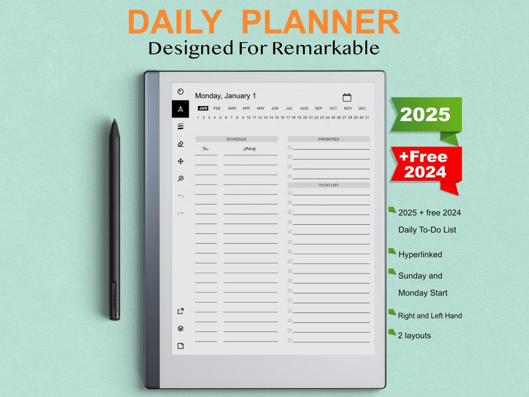 Daily Planner Templates for Remarkable 2 20242025 Hyperlinked Sunday