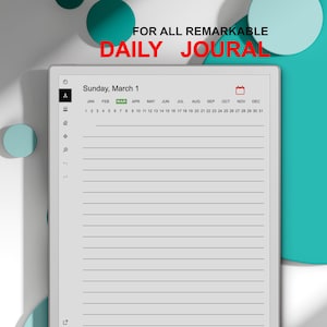 Può includere: Un tablet digitale che mostra una pagina di diario giornaliero. Lo schermo mostra il testo "FOR ALL REMARKABLE DAILY JOURNAL". La data è domenica 1 marzo. Il tablet ha una pagina a righe con un calendario e icone.