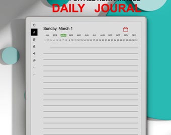 Puede incluir: Una tableta digital que muestra una página de diario diario. La pantalla muestra el texto "FOR ALL REMARKABLE DAILY JOURNAL". La fecha es domingo 1 de marzo. La tableta tiene una página rayada con un calendario e iconos.