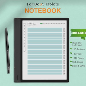 Puede incluir: Una lectora de libros electrónicos en blanco y negro con una pantalla azul que muestra un cuaderno con el texto "INDEX 1 Sections 1-19". La lectora de libros electrónicos tiene una pantalla táctil y un lápiz. El texto "HYPERLINKED" se muestra en un cuadro verde con el siguiente texto debajo: "Right and Left Hand", "200 Sections", "7 Layouts", "1006 Pages", "With Colors", "Black & White".