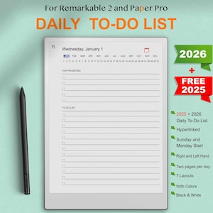 Remarkable Paper Pro Daily To-Do List 2025-2026 – Hyperlinked PDF | Sunday & Monday Start | Left – Right-Hand | Compatible with reMarkable 2