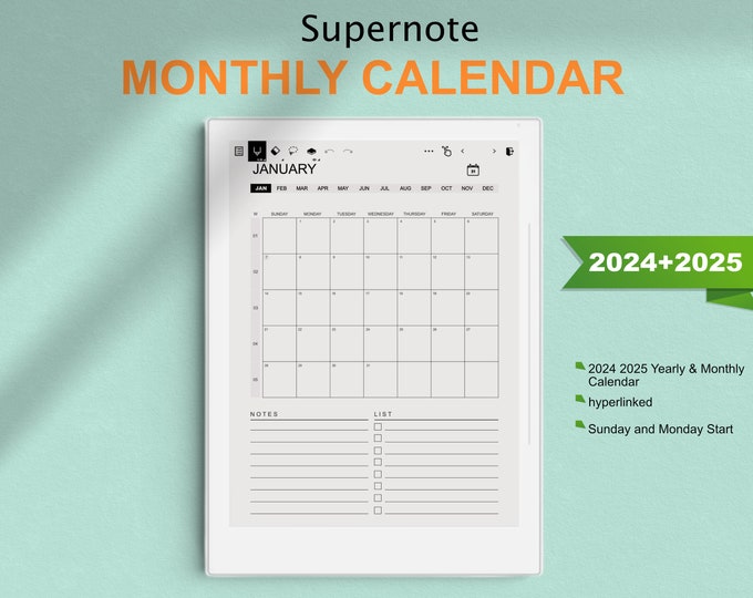 Supernote 2024 2025 Calendar, Supernote Templates 2024 2025 Digital Planner, Supernote A5 / A5X / A6 / A6X.