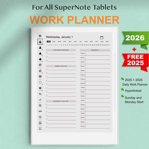May include: A black and white digital planner for SuperNote tablets. The planner includes a daily work planner for 2025 and 2026, with hyperlinked features. The planner also includes a calendar for the year 2026 and a section for top work priorities, work to-do list, and personal to-do list.