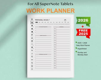Puede incluir: Un planificador digital en blanco y negro para tabletas SuperNote. El planificador incluye un planificador de trabajo diario para 2025 y 2026, con funciones de hipervínculo. El planificador también incluye un calendario para el año 2026 y una sección para las principales prioridades de trabajo, la lista de tareas pendientes del trabajo y la lista de tareas pendientes personales.