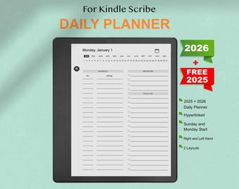 Puede incluir: Un planificador diario digital para Kindle Scribe, con secciones para horario, prioridades y listas de tareas. La imagen incluye el texto "DAILY PLANNER" y "2026 + GRATIS 2025".