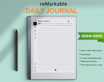 reMarkable 2 Templates Daily Journal 2024 and 2025 | Hyperlinked | Sunday & Monday Start | Right-Left Hand | compatible with reMarkable 1