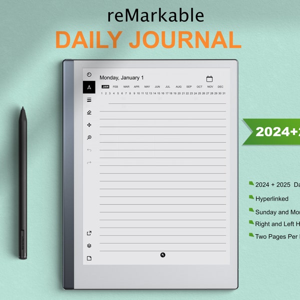 ReMarkable 2 modèles de journaux quotidiens 2024 et 2025 | Lien hypertexte | Début dimanche et lundi | Droitier-Gaucher | compatible avec reMarkable 1