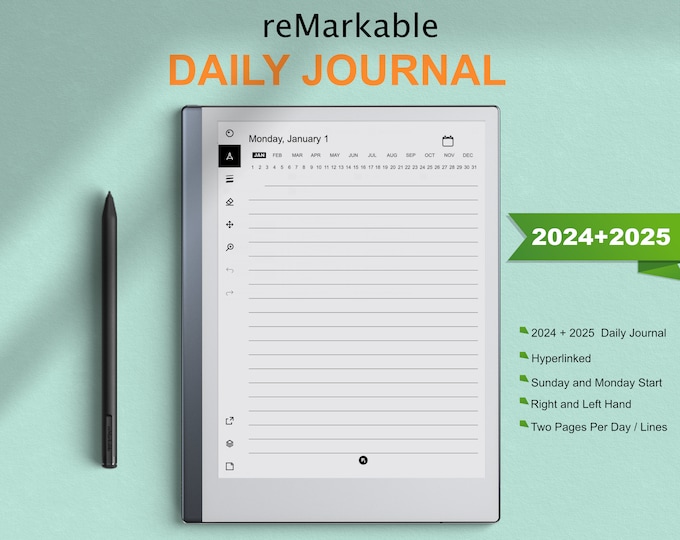 reMarkable 2 Templates Daily Journal 2024 and 2025 | Hyperlinked | Sunday & Monday Start | Right-Left Hand | compatible with reMarkable 1