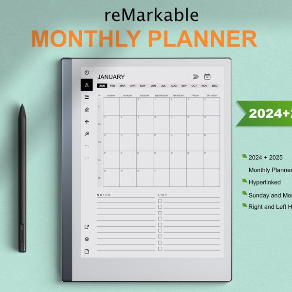reMarkable 2 Templates Monthly Planner 2024 and 2025 | Hyperlinked | Sunday & Monday Start | Right-Left Hand | compatible with reMarkable 1