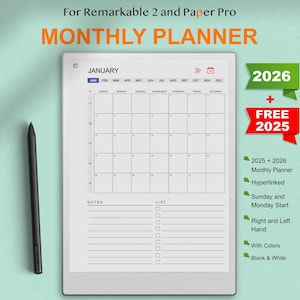 Remarkable Paper Pro Digital Planner 2025 and 2026, Remarkable Paper Pro Monthly Calendar, Remarkable 2 Template Yearly and Monthly Planner
