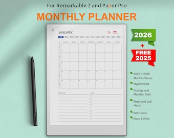 2026 Digital Monthly Planner for Remarkable Paper Pro and 2