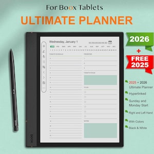 Pode incluir: Um tablet preto com uma caneta, com o texto "ULTIMATE PLANNER" e "For Boox Tablets". O planejador exibe um layout de calendário com seções para agendamento e prioridades. Inclui uma oferta "2026 + GRÁTIS 2025".
