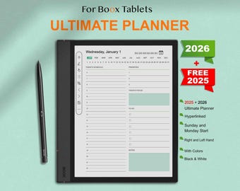 Puede incluir: Una tableta negra con un lápiz óptico, con el texto "ULTIMATE PLANNER" y "For Boox Tablets". El planificador muestra un diseño de calendario con secciones para la programación y las prioridades. Incluye una oferta "2026 + GRATIS 2025".