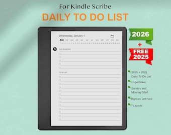 Puede incluir: Una lista de tareas diarias digital para Kindle Scribe. La pantalla muestra un planificador con secciones para las principales prioridades y una lista de tareas. La imagen incluye el texto "DAILY TO DO LIST" y "For Kindle Scribe". Incluye una versión 2026 y gratuita 2025.