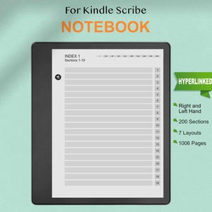 Peut inclure: Un cahier numérique pour Kindle Scribe avec le texte "For Kindle Scribe NOTEBOOK". Le cahier comprend une liste de sections, est hyperlié et propose 200 sections, 7 mises en page et 1006 pages. Il prend en charge l'utilisation pour droitiers et gauchers.