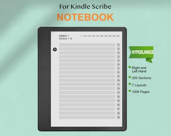 Puede incluir: Un cuaderno digital para Kindle Scribe con el texto "For Kindle Scribe NOTEBOOK". El cuaderno presenta una lista de secciones, está hipervinculado y ofrece 200 secciones, 7 diseños y 1006 páginas. Admite el uso para diestros y zurdos.