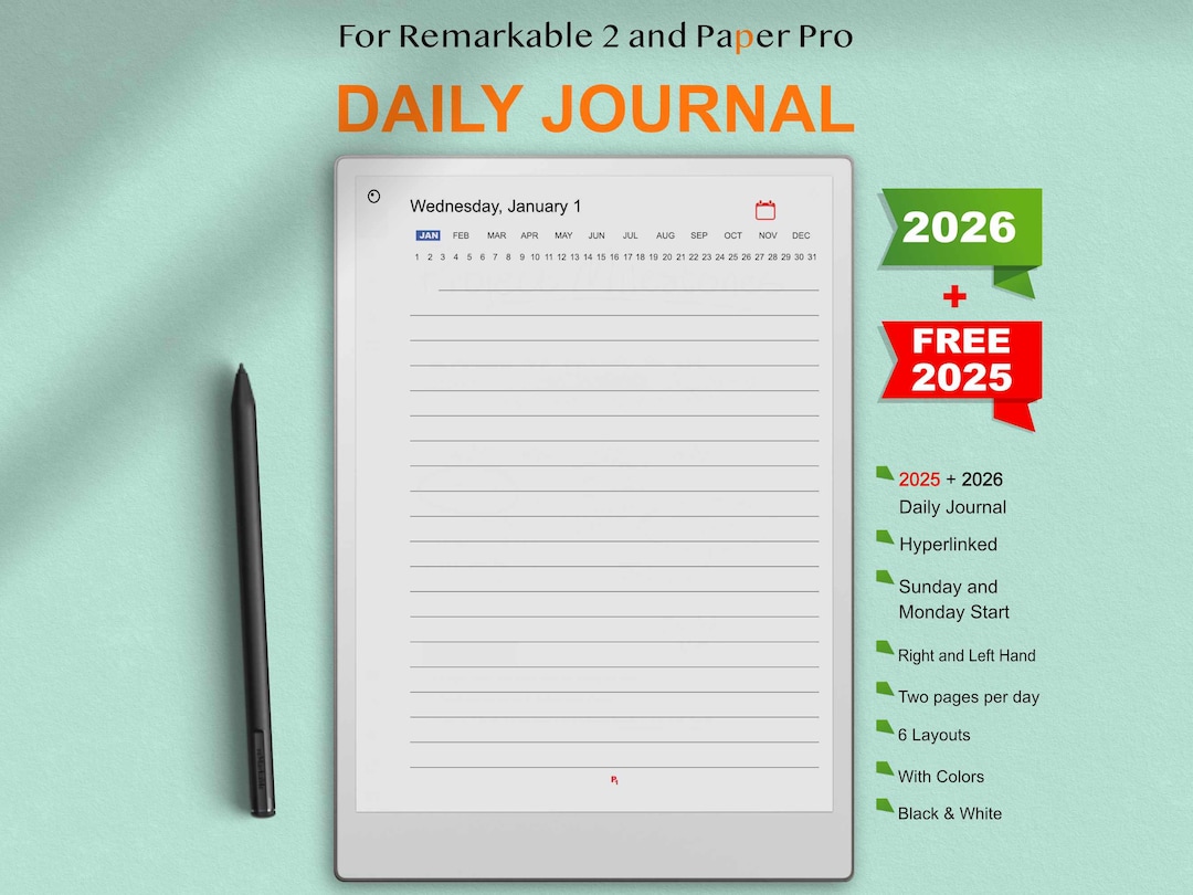 2026 Daily Journal for Remarkable Paper Pro, Hyperlinked PDF | Sunday ...