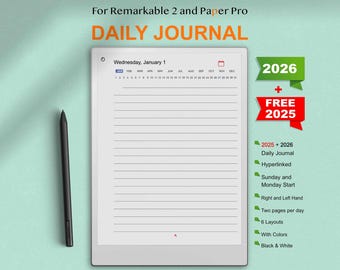 Puede incluir: Un planificador digital para las tabletas Remarkable 2 y Paper Pro. El planificador incluye un diario diario con fechas hipervinculadas, opciones de inicio el domingo y el lunes, diseños para diestros y zurdos, dos páginas por día, seis diseños y opciones de color. El planificador está disponible para los años 2025 y 2026.